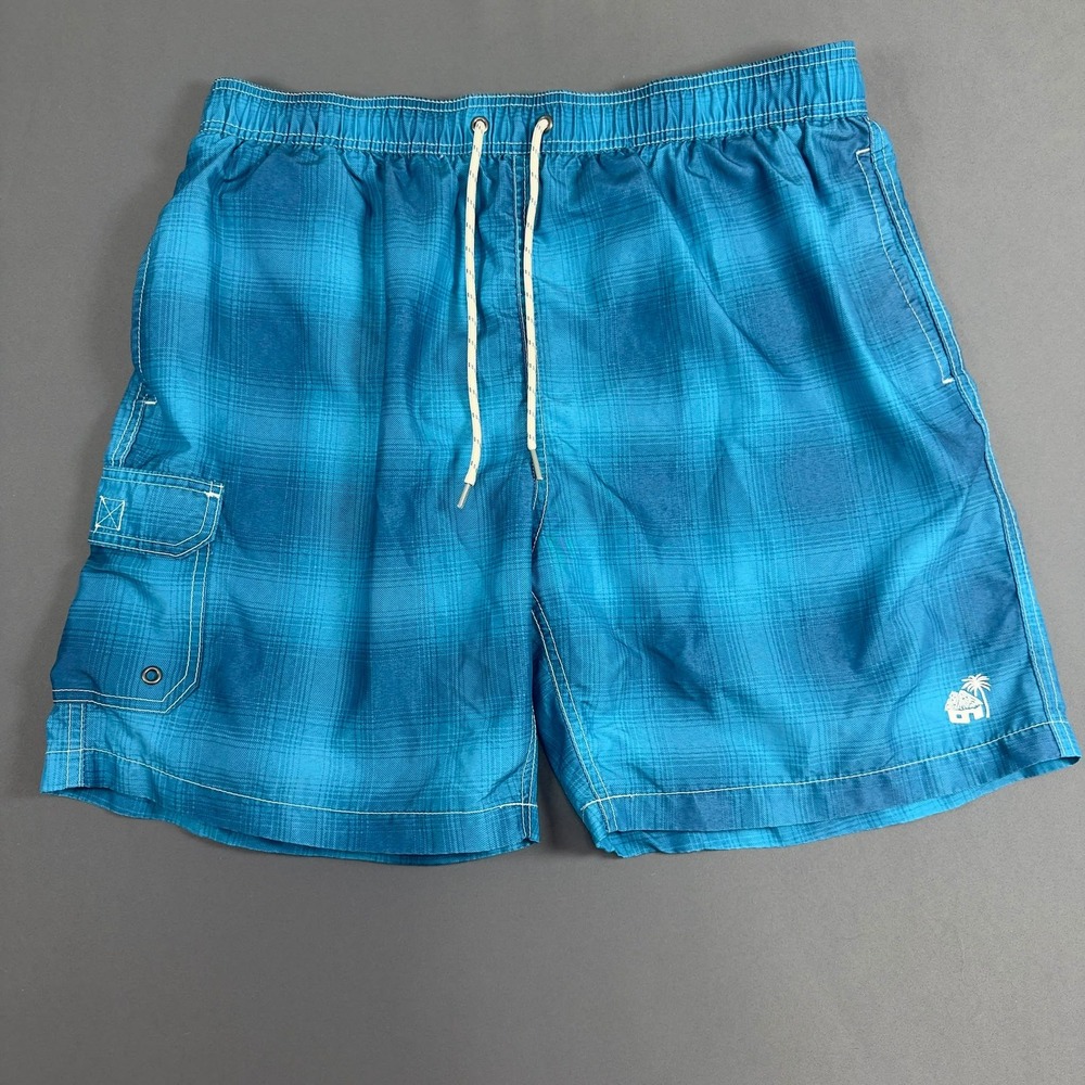 Caribbean Joe Plaid Swim Trunks Men's Large Blue Board Shorts Cargo Pocket